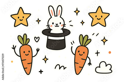 Magical Rabbit Doodles. Lovely doodle stickers: rabbit in a magician’s hat, carrots waving, stars sparkling, simplified doodle