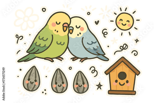 Cuddling Parakeet Stickers. Charming doodle stickers: parakeets cuddling, seeds with eyes, little birdhouse smiling, cheerful