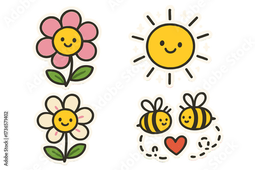 Springtime Doodle Delight. Playful doodle stickers: spring blossoms with faces, bees buzzing hearts, sunshine sparkling, doodle