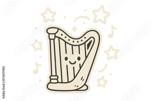 Magical Harp Stickers. Magical doodle stickers: harp with smiling strings, floating stars as notes, doodle charm, simplified