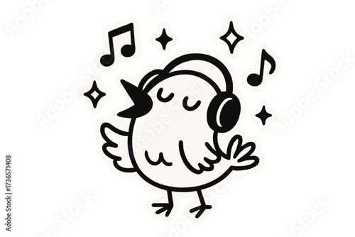 Singing Bird Doodle. Funny doodle stickers: singing bird with headphones, notes sparkling around, cheerful doodle charm,