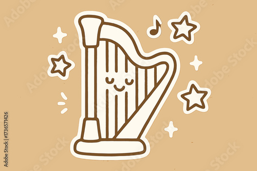 Magical Harp Stickers. Magical doodle stickers: harp with smiling strings, floating stars as notes, doodle charm, simplified