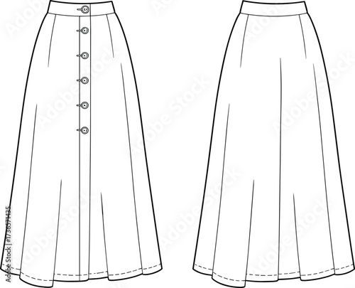 Fashion sketch, technical drawing, long flared skirt, button front design, garment construction, sewing pattern, apparel illustration, clothing design, textile art, couture