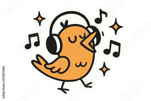 Singing Bird Doodle. Funny doodle stickers: singing bird with headphones, notes sparkling around, cheerful doodle charm,
