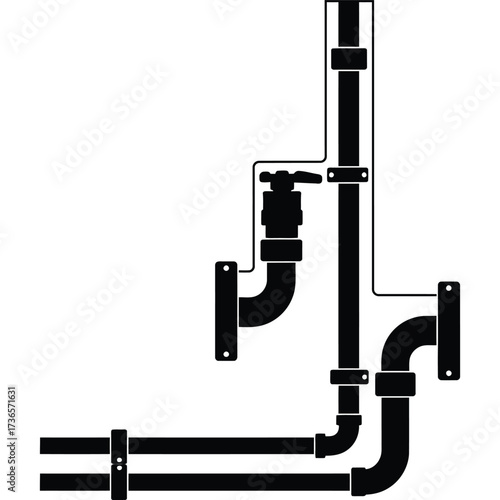 Black and White Plumbing Pipes Illustration valve fitting water drain system fixture construction repair maintenance installation