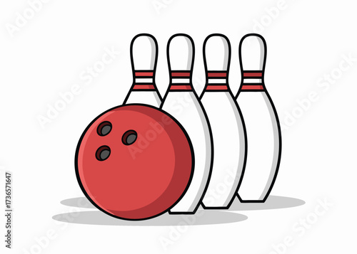 Bowling pins and red ball isolated on white background, ready for a strike in a bowling alley, a fun sport and leisure activity