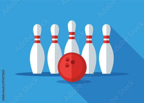 Bowling pins and red ball on a blue background, ready for a strike in a bowling alley, a fun sport and leisure activity