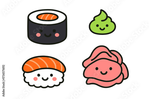 Smiling Sushi Stickers. Bright doodle stickers: smiling sushi rolls, tiny wasabi and ginger pieces with faces, simplified doodle