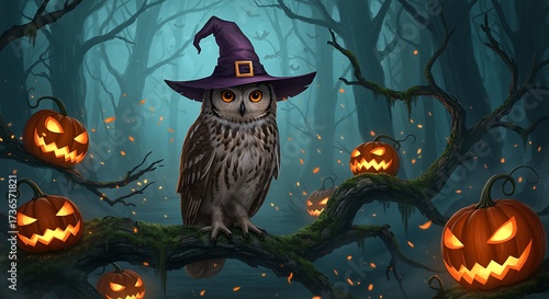 Halloween owl in witch hat surrounded by glowing pumpkins fantasy illustration