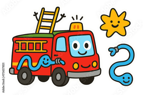 Cheerful Fire Truck Doodles. Bright doodle stickers: fire truck with eyes, tiny ladders waving, water hose smiling, cheerful