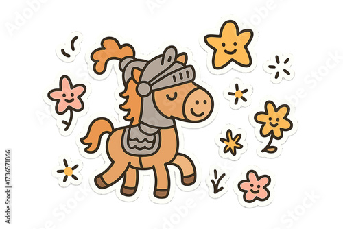 Doodle Horse Stickers. Lovely doodle stickers: smiling knight’s horse, tiny stars and flowers jumping, simplified doodle shapes,