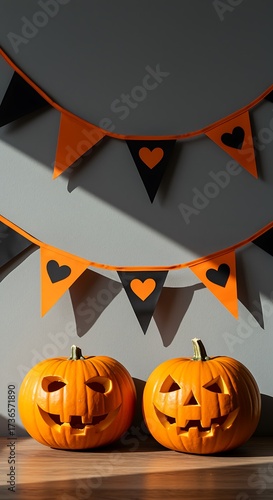 Festive Halloween Pumpkins with Heart Pennant Banner Decoration Indoors