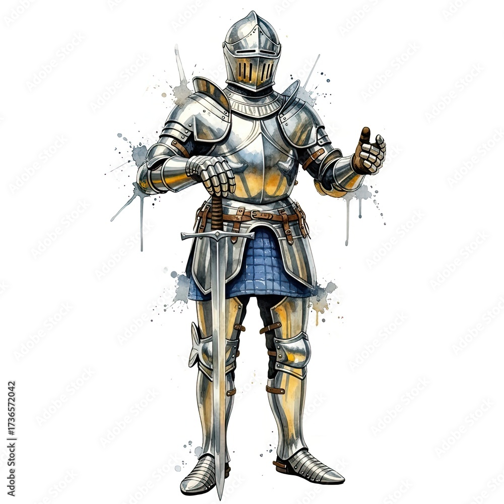 Naklejka premium A valiant knight, clad in gleaming plate armor, stands ready with his sword, a testament to medieval chivalry and courage. This illustration captures the essence of a heroic figure ready for battle.