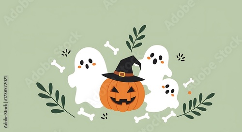 Cute Halloween Illustration with Ghosts and Pumpkin on a Light Green Background