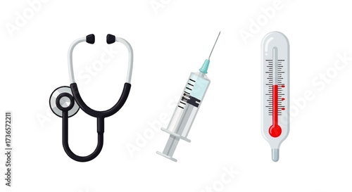 Medical tools stethoscope, syringe, and thermometer, representing healthcare and medical concepts