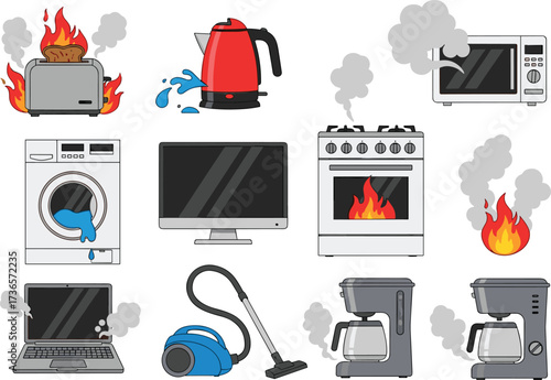 Household appliances malfunction, kitchen fire hazard, smoking toaster, broken microwave, damaged laptop, water leaking washing machine, electrical safety risk, home danger