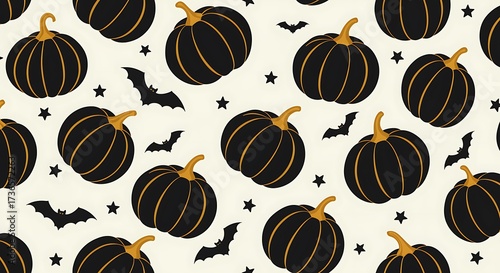 Black Halloween Pumpkins and Bats Seamless Pattern Festive Background Vector