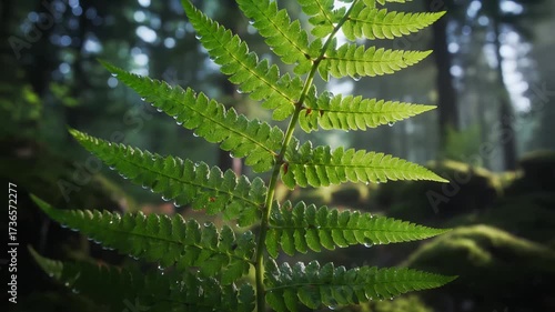 Backlit fern unfurling in a magical forest