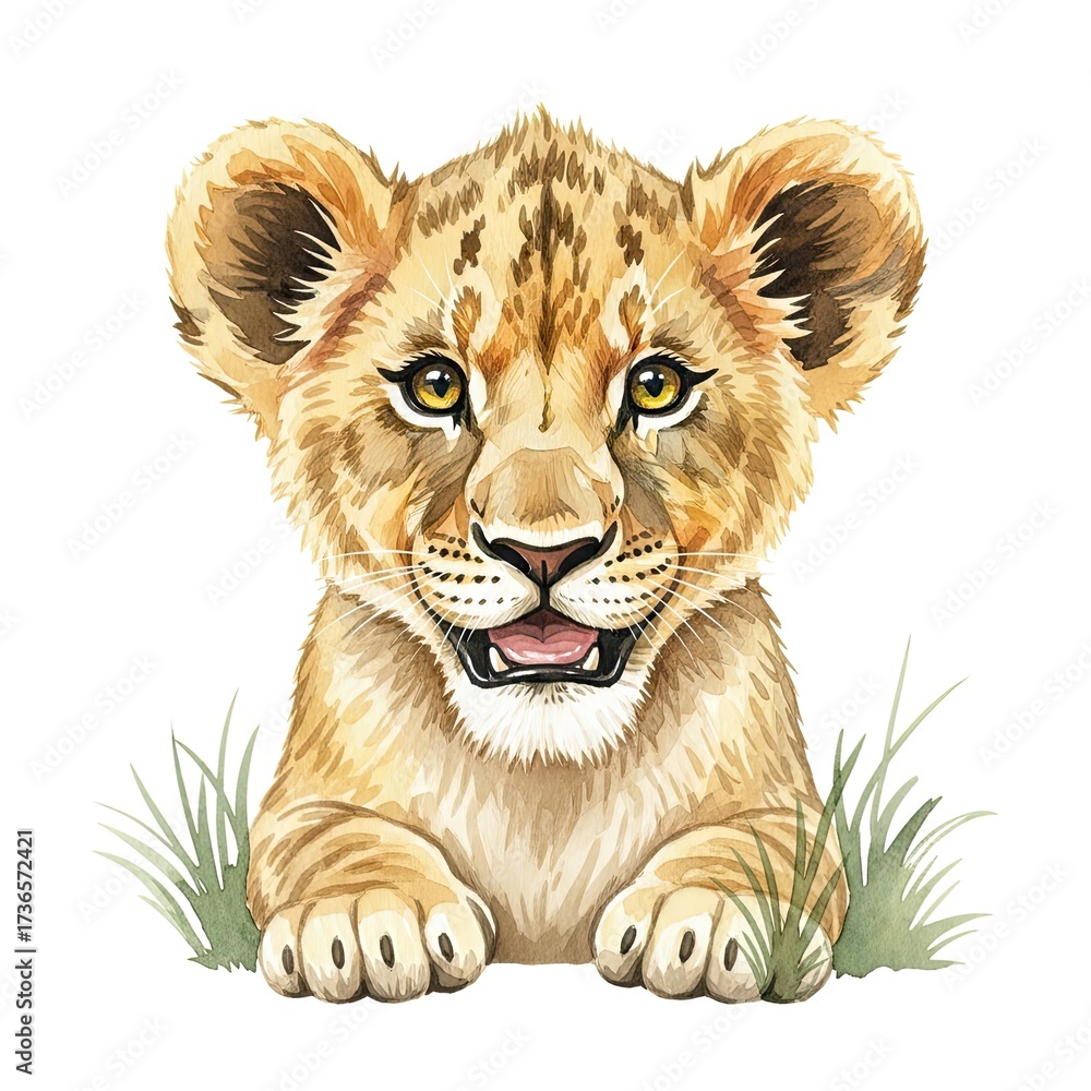 Obraz premium A captivating watercolor illustration of a playful lion cub peering out with endearing charm. showcasing the adorable innocence and majestic essence of the animal kingdom.