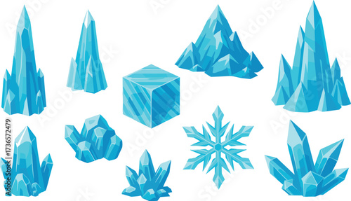 Ice crystals, frozen geometric shapes, abstract snowflake design, winter frost formations, icy blue crystal structures, cold season background, frozen nature art