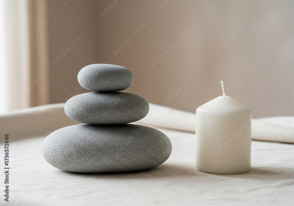 Fototapeta premium Serene stacked stones and a lit candle evoke calm and balance in a peaceful setting.