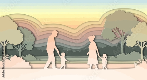 Family paper cut art illustration with parents and children in nature landscape background vector design