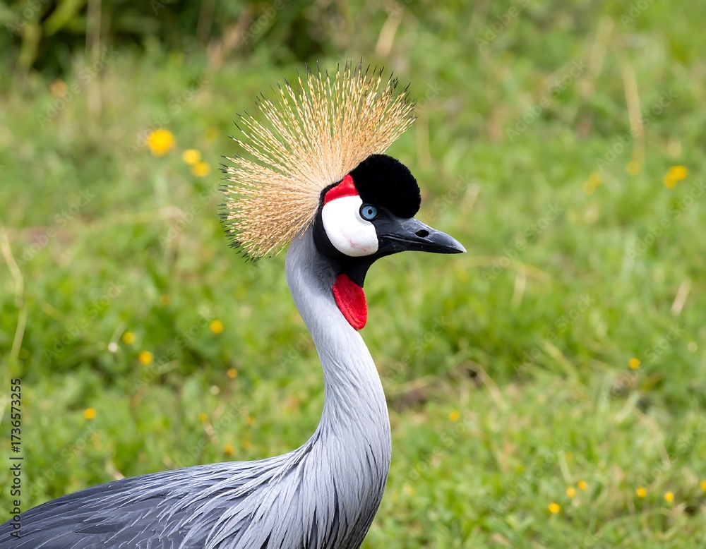 Fototapeta premium Grey bird with striking crest and red throat in grassy field