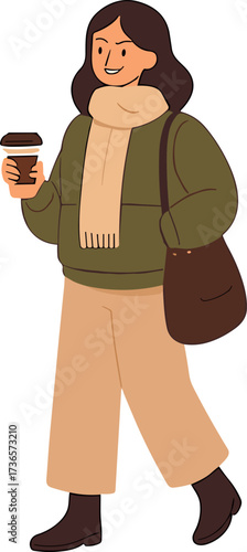 A smiling woman in a green jacket and beige scarf carries a coffee cup and shoulder bag, dressed warmly for a casual autumn walk.