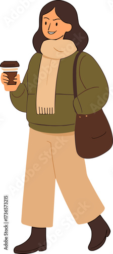A smiling woman in a green jacket and beige scarf carries a coffee cup and shoulder bag, dressed warmly for a casual autumn walk.