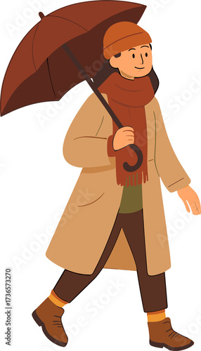 A person in a beige coat, orange hat, and scarf walks with an umbrella, dressed warmly for a rainy autumn day.