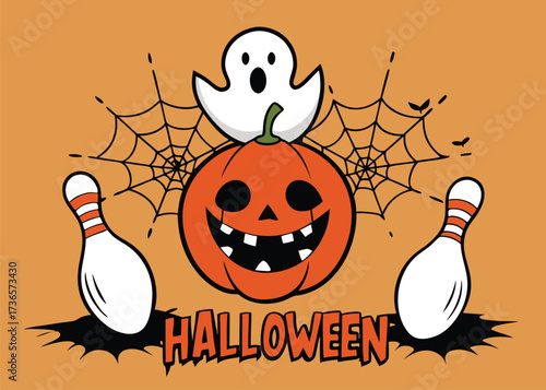 Halloween bowling party illustration featuring a pumpkin, ghost, bowling pins, and spiderweb on an orange background design for fun