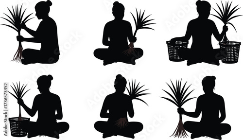 Traditional farmer silhouettes sitting cross legged harvesting plants with baskets, agricultural work process illustration, rural lifestyle, cultural heritage vector design art