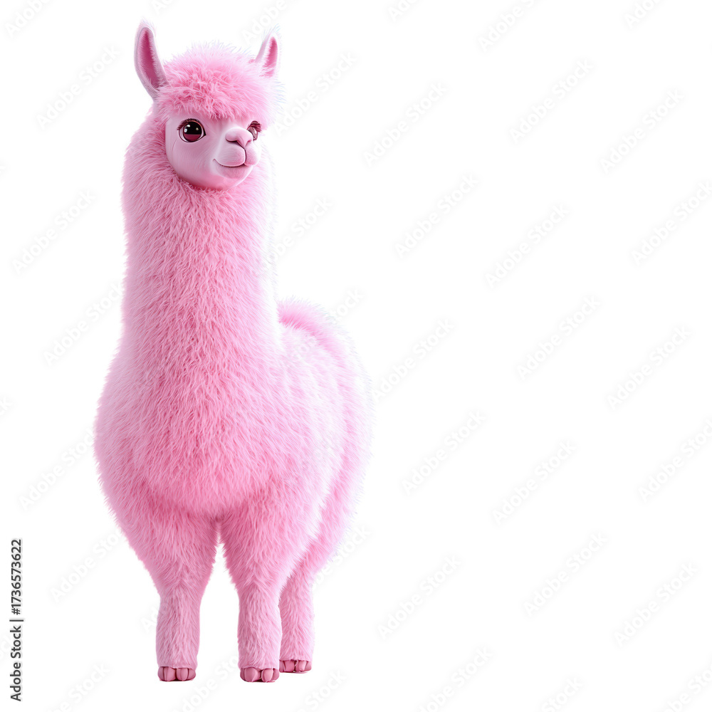 Fototapeta premium Cute Pink Llama with Fluffy Coat Standing in a White Background