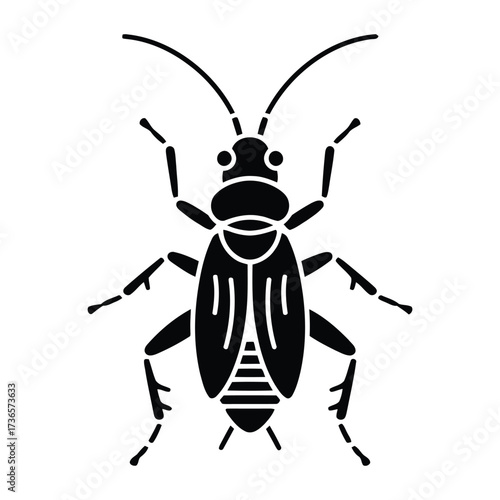 Stylized black silhouette of a beetle with segmented body and long antennae