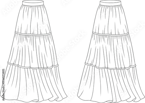 Tiered skirt fashion illustration, long layered skirt design, elegant pleated garment drawing, flowing maxi skirt vector, stylish clothing template art