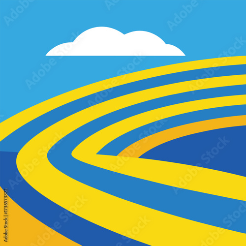 Abstract Landscape With Blue and Yellow Stripes and Cloud