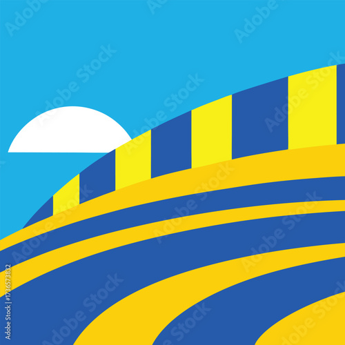 Abstract Landscape With Blue and Yellow Stripes and Sun