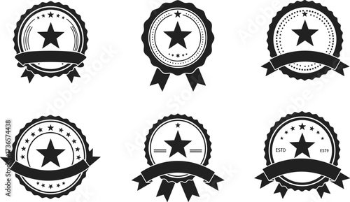 Vintage award badge vector illustration with star emblem, ribbon banners, circular borders, and classic black and white retro insignia design collection