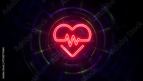 Neon heart with heartbeat line and abstract background