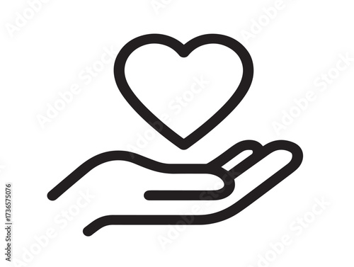 Modern caring heart icon with hand symbol in clean line artistry