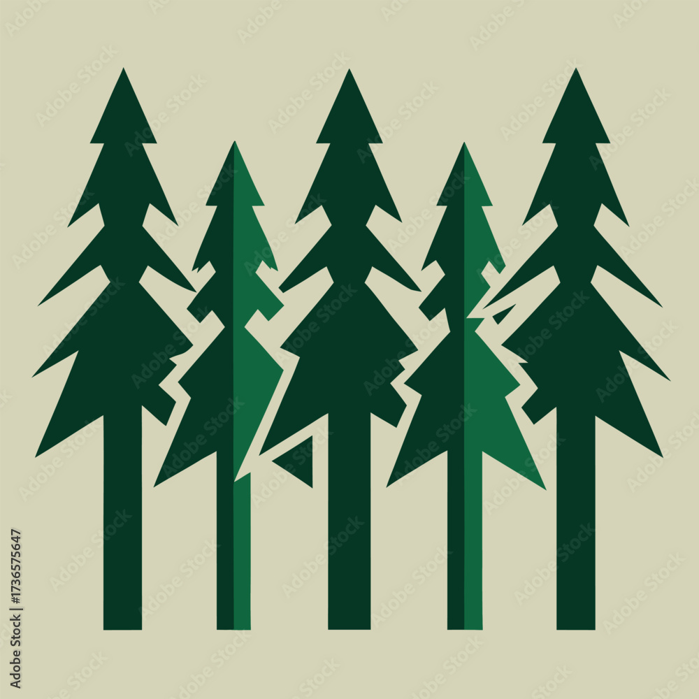 Obraz premium Group of Green Pine Trees in Flat Design Keywords: pine tree, evergreen, forest, nature, green