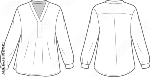 Women’s tunic top flat sketch, fashion technical drawing, long sleeve blouse design, V neck placket shirt, apparel illustration template