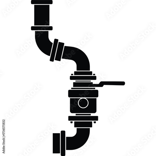 Black Plumbing Pipe with Valve Silhouette handle water drain fixture industrial system connection fitting repair maintenance