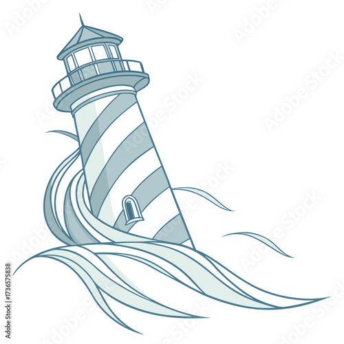 Lighthouse in stylized waves coast ocean