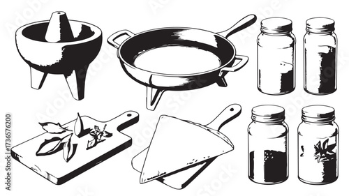A collection of kitchen tools and ingredients for preparing delicious meals.