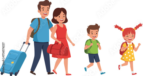 Flat vector illustration of a happy family traveling with luggage and bags, vacation and holiday tourism concept, minimal cartoon style, isolated on white background