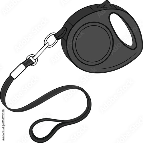 Vector art of black retractable dog leash with a strap and metal clip, isolated on a