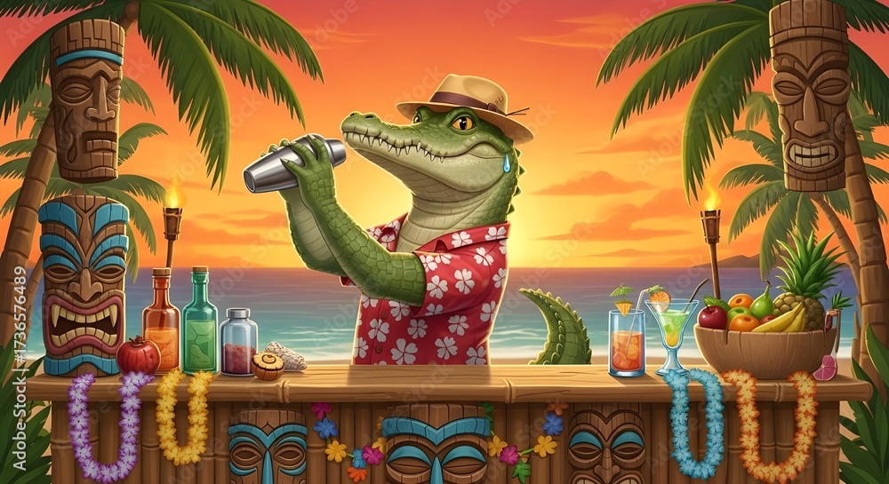 Obraz premium Funny Crocodile Bartender Shaking Colorful Cocktails at Tropical Beach Tiki Bar | Surreal Party Wildlife Photo