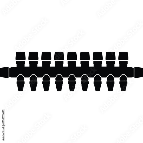 Black Silhouette of a Manifold plumbing heating system distribution water fluid ports pipe valve connector hydraulic industrial