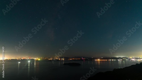 Timelapse of starry sky over Seto inland sea in Okayama prefecture, Japan